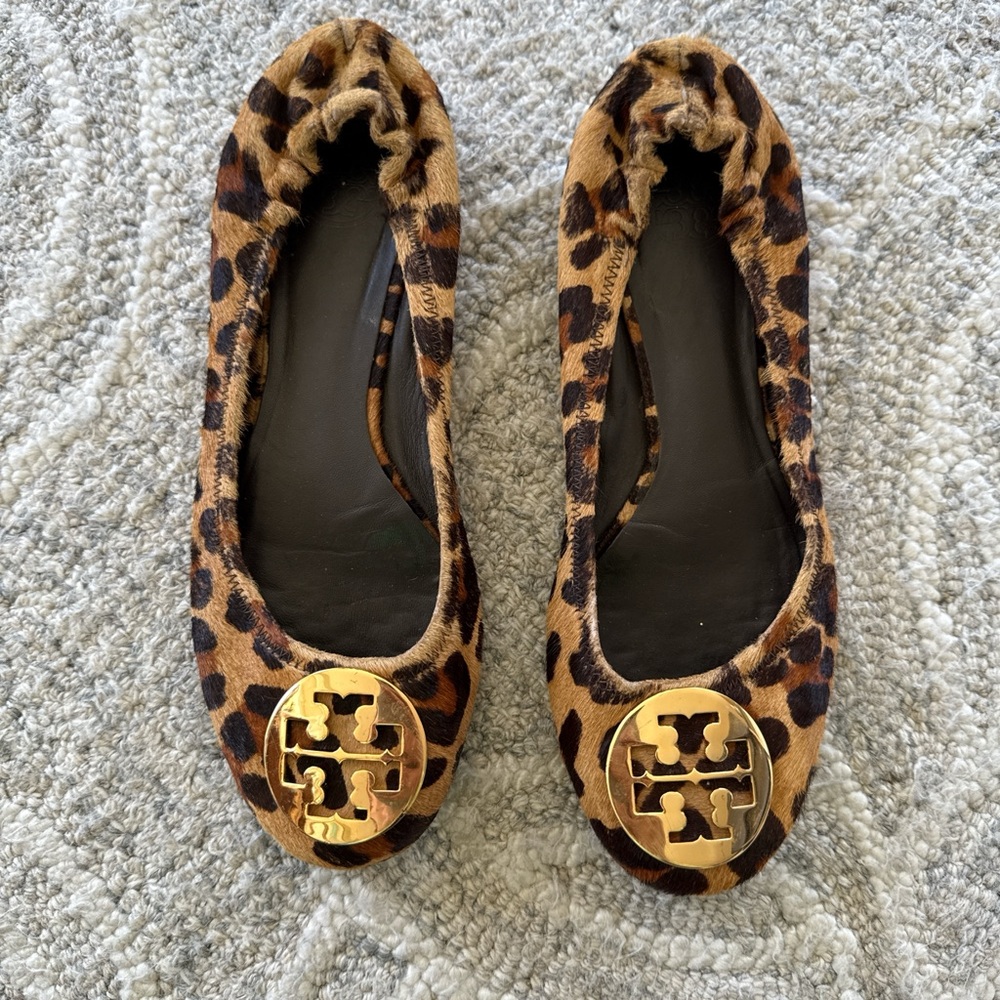 Tory Burch Animal Print Flats with Gold Logo